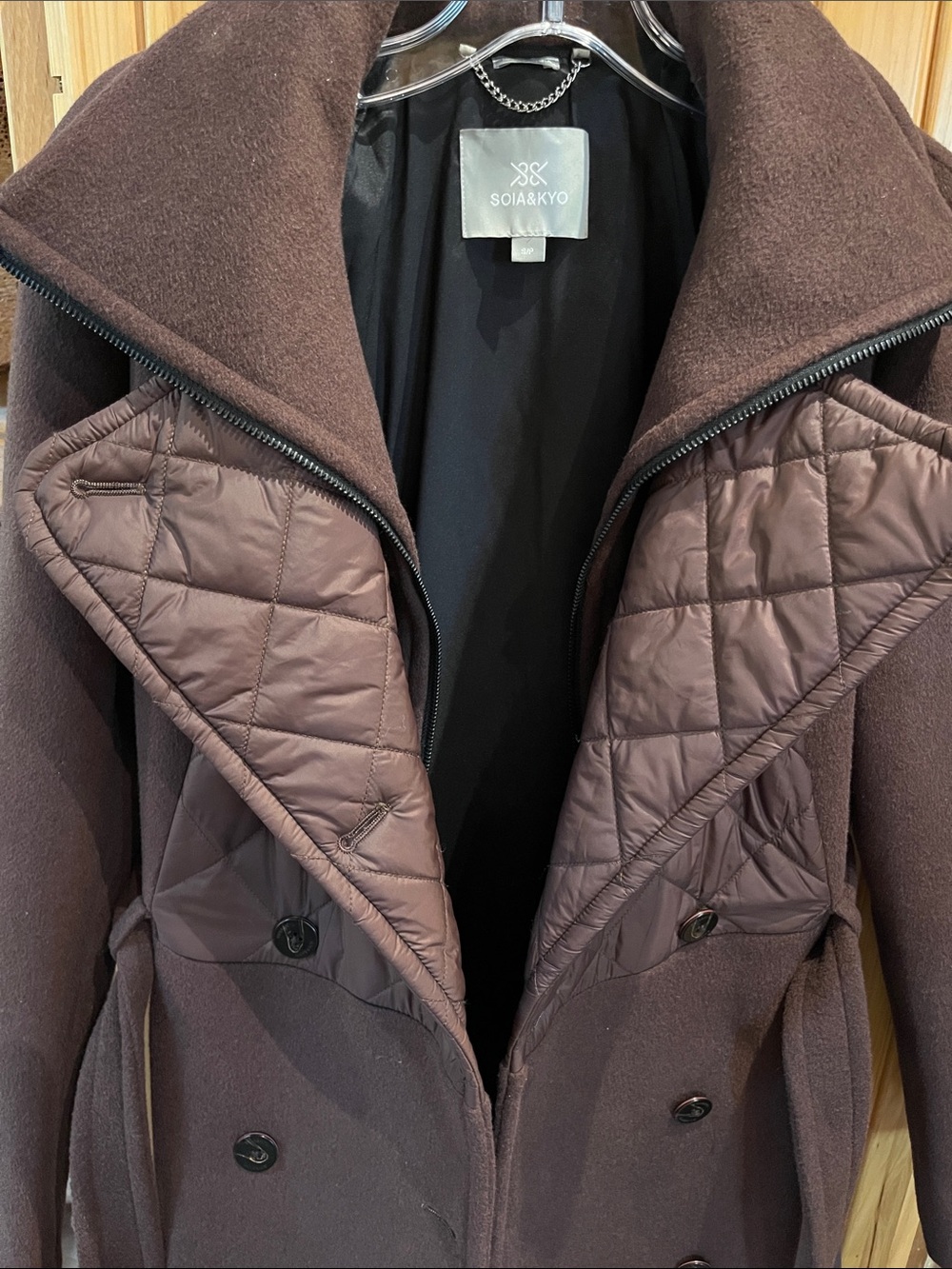 Soia & Kyo Dark Brown Quilted-Front Wool-Blend Belted Trench Coat - Picture 6 of 7